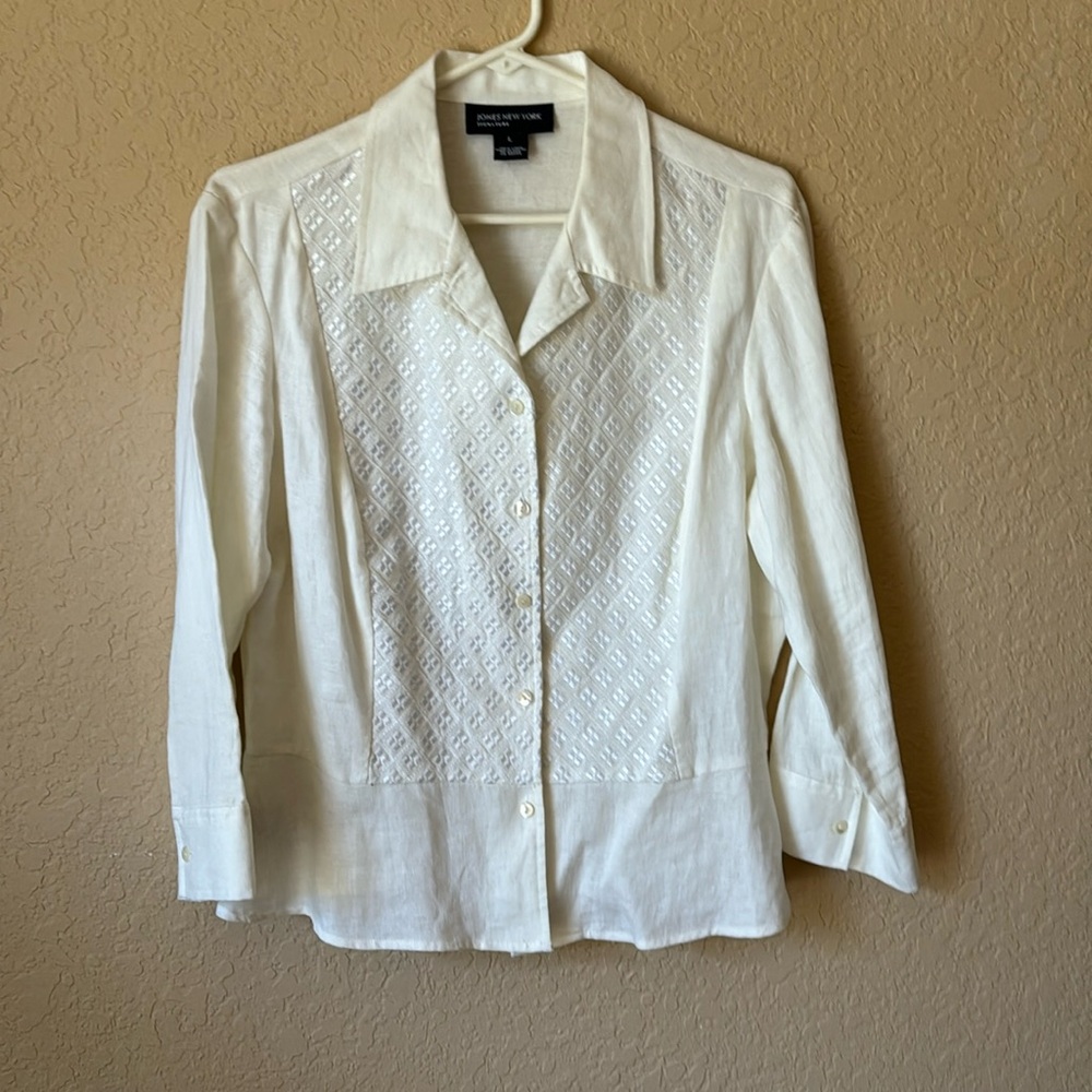 Jones New York White Linen Blouse, Size Large
